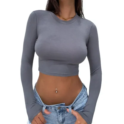 Plain Color Long Sleeve Crop Top - Image 2