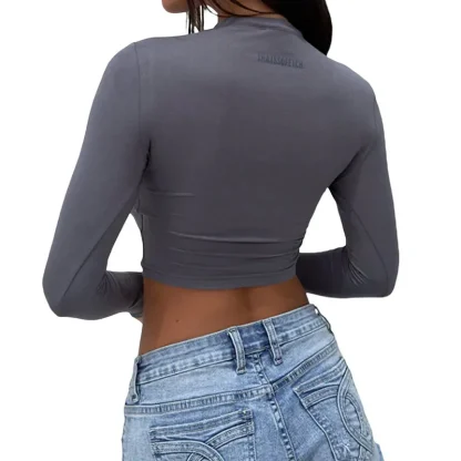 Plain Color Long Sleeve Crop Top - Image 3