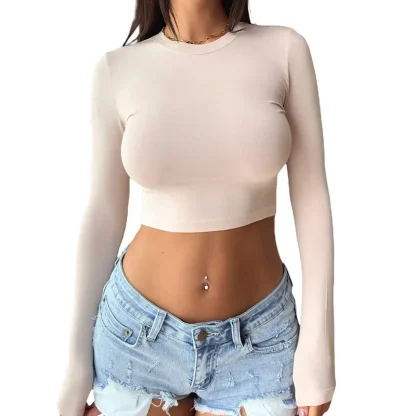 Plain Color Long Sleeve Crop Top - Image 4