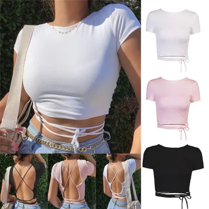 Chic Backless Plain Top with Tie Waist - Image 14