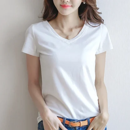 Women's Basic Plain V-neck T-shirt - Image 5