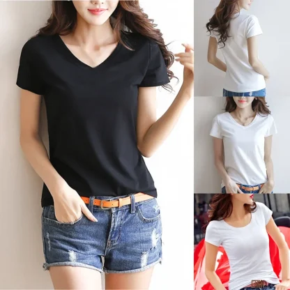 Women's Basic Plain V-neck T-shirt - Image 11