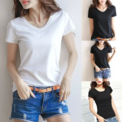 Women's Basic Plain V-neck T-shirt - Image 12