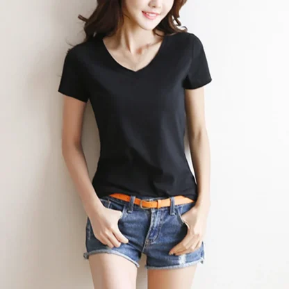 Women's Basic Plain V-neck T-shirt - Image 2