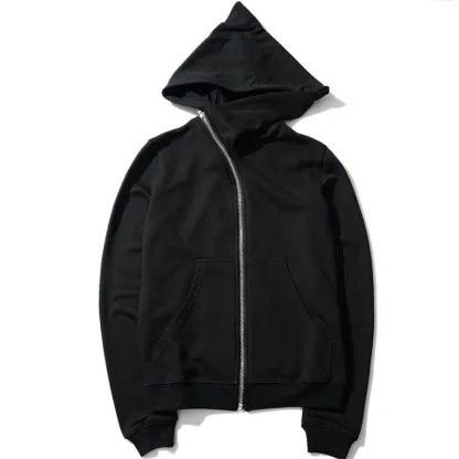 Slanted Zippered Front Plain Hooded Jackets