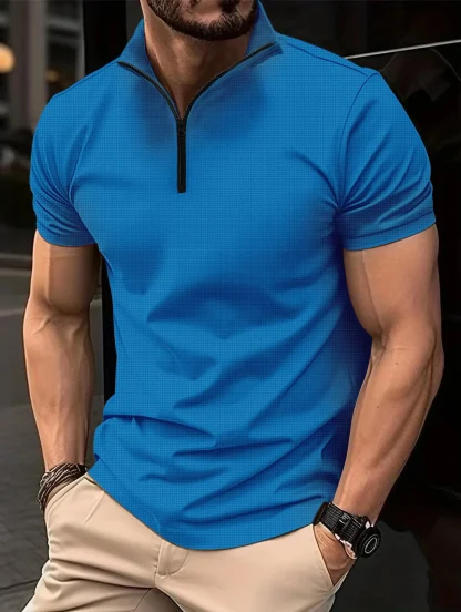 Solid Color Polo Shirt with Zippered Neckline - Image 2