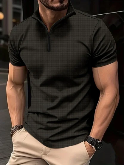 Solid Color Polo Shirt with Zippered Neckline - Image 4