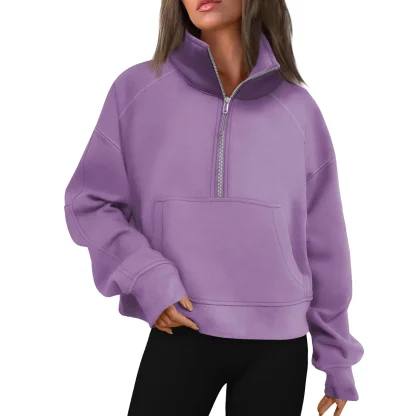 Half Zip Solid Pullover with Stand Collar - Image 11