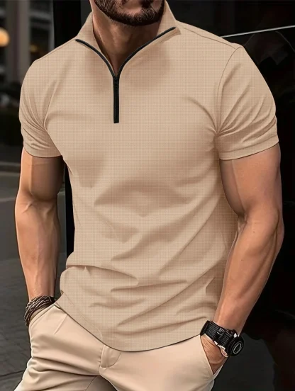 Solid Color Polo Shirt with Zippered Neckline - Image 3